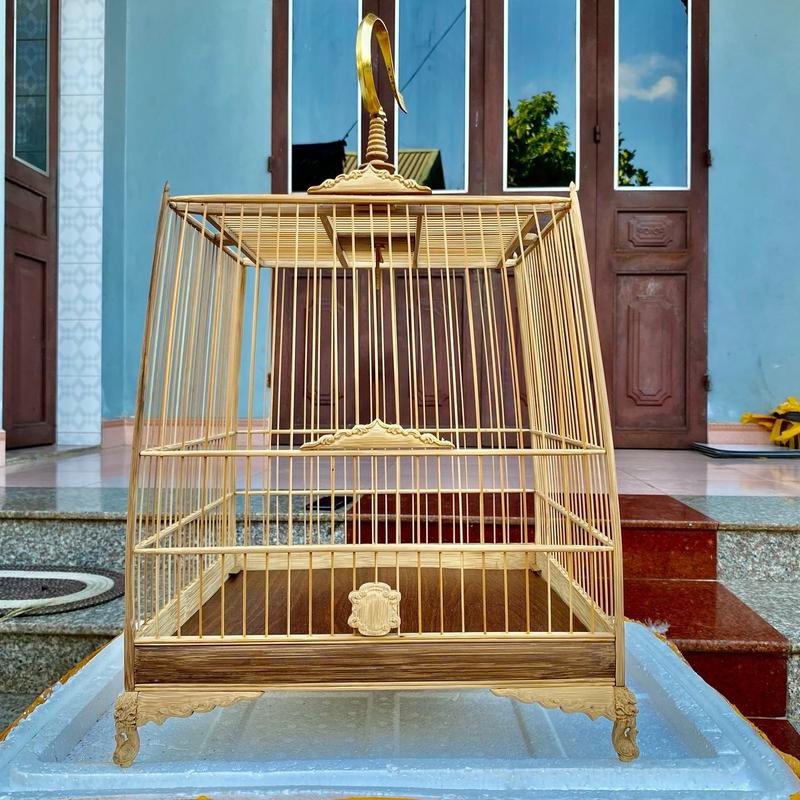 Khung lồng chim chào mào tự ráp, khung chất liệu tre, thái đấu lá đề viền, Bản tang to