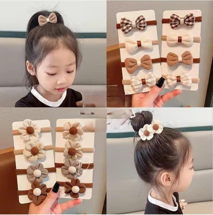 B025 Set 4 Dây Cột Tóc Đính Nơ Hoa Dễ Thương Cho Bé Gái Nữ
