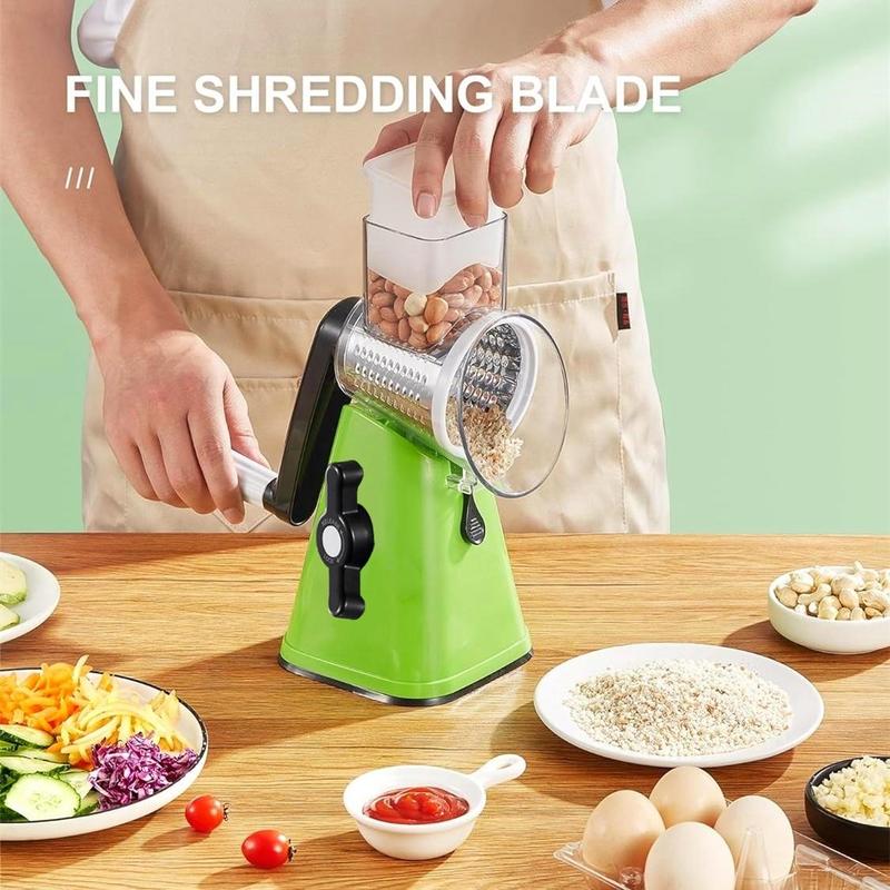Product Introduction of Rotary Cheese Grater, Multifunctional Manual Vegetable Chopper with 3 Stainless Steel Interchangeable Blade, Hand Crank Vegetable Grater for Kitchen 4