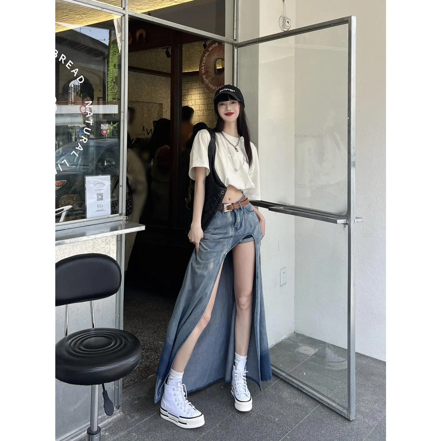 Chân Váy Denim Gradient Thiết Kế Cô Gái Nóng Bỏng Thiên Millennium, Váy Dài Bất Đối Xứng Xẻ Tà Cạp Cao Mùa Hè Mới Cho Nữ, 2024 Women Quần