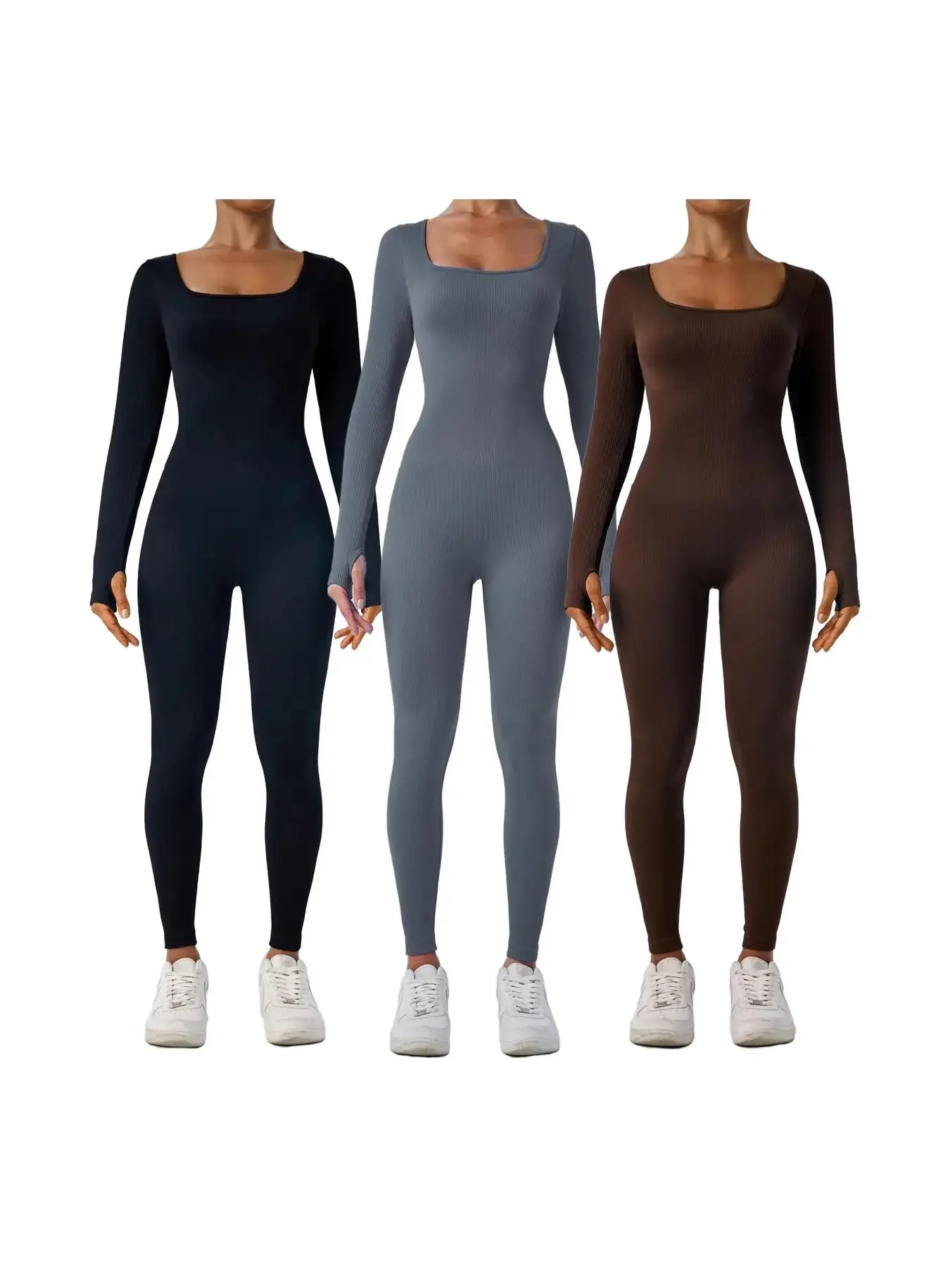 Women's Solid Ribbed Long Sleeve Sports Second-Skin Feel Tight-Fitting ...