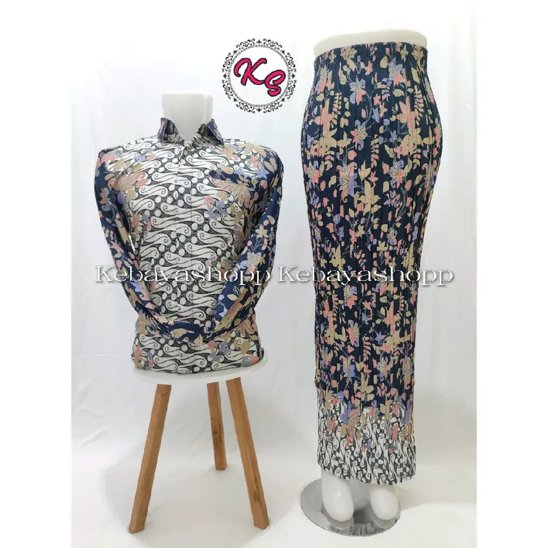 couple kemeja batik panjang dan rok plisket batik Baju Kancing Katun Kondangan Lembut Seragam Wanita Pasangan 7