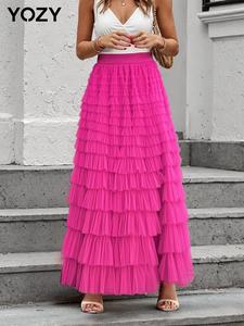 YOZY Women's Solid Tiered Layer Tulle Skirt, Casual Fashion Tape Waist Skirt for Daily Wear, Ladies Bottoms for All Seasons