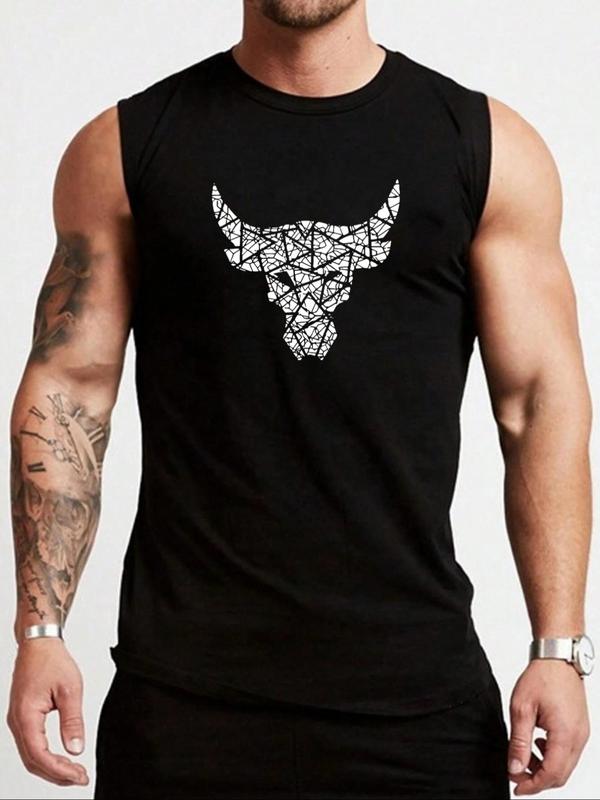 Men's Bull Head Print Round Neck Tank Top, Casual Fit Quick Drying Breathable Sleeveless Top for Gym Workout Running, Men's Clothes for Summer 0