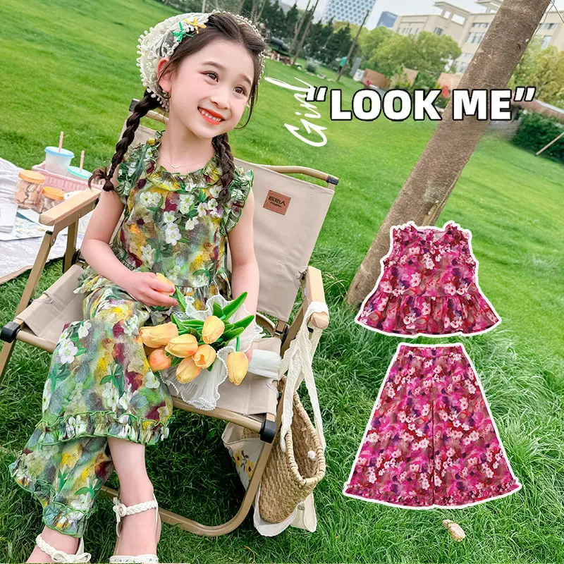 Kids Outfit Girl Sleeveless Tops Pants Set Summer Beach Dress Kids Breathable Tshirt Trousers Suit Hawaii Outfit 1-8 Years Old