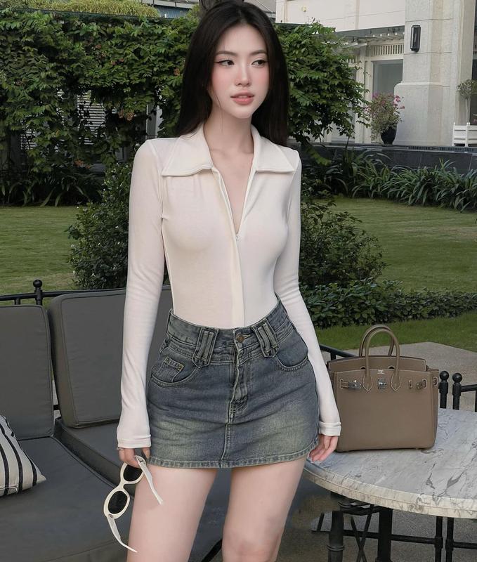 Áo bodysuit Nữ kéo khoá cúc bấm. Áo bodysuit cổ bẻ khoá kéo sang chảnh A1 Casual Bodysuits Top Women thun 4