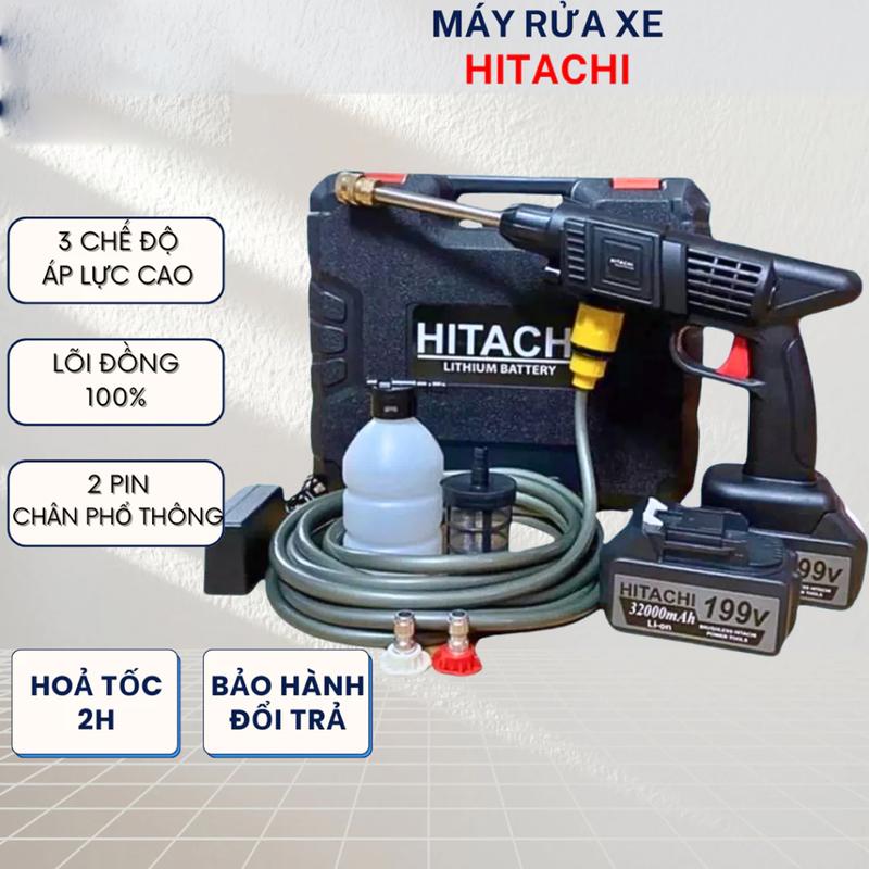 Máy Rửa Xe Cầm Tay 2 Pin Hitachi 199V - Máy Rửa Xịt Sân Vườn Áp Lực Cao Có Bình Tạo Bọt Tiết Kiệm Nước, Phù Hợp Mọi Gia Đình