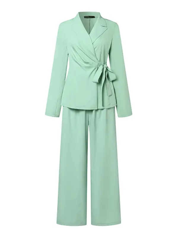 Women's Solid Tie Front Wrap Lapel Neck Blazer & Pants Set, Casual Chic Long Sleeve Outerwear & Wide Leg Trousers, Women's Fall & Winter Clothes for Work Office Business, Elegant Suits, Corporate Outfits Women, Womenswear 2