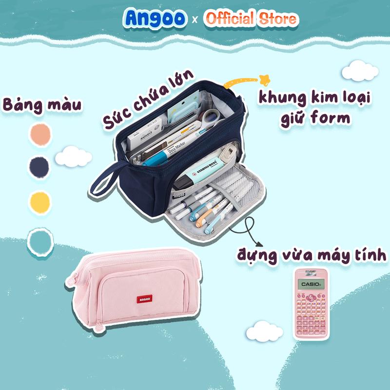 Hộp bút vải canvas Angoo túi bút double pen case bóp viết size đại ngăn đa năng 6 màu cho học sinh,sinh viên dễ thương