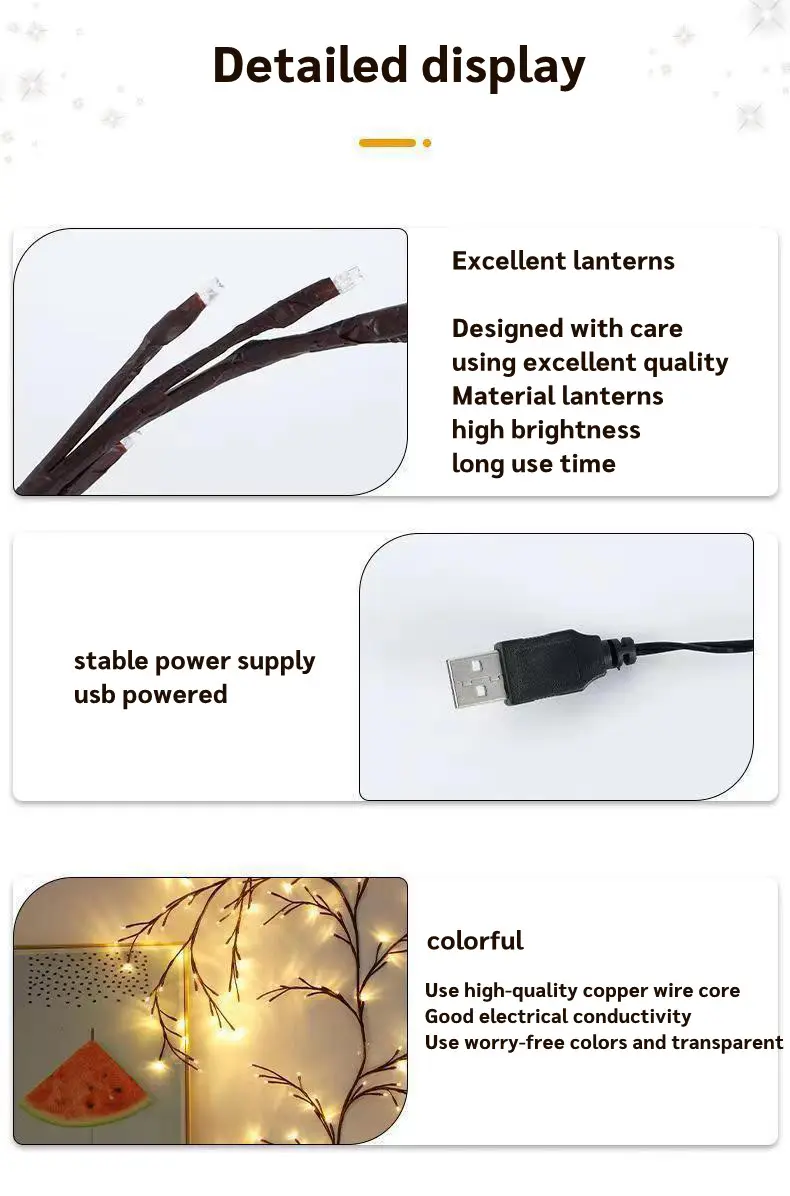 Product Introduction of 2.3m 144LEDS Bendable Willow Vine Lights, USB Rattan Tree Decorative Light, Night Light, For Wall Bedroom Indoor Outdoor new year decoration,Room layout Nature Ornaments stranger things flickering lights DIY Smartphones Christmas gift for girlfriend 11