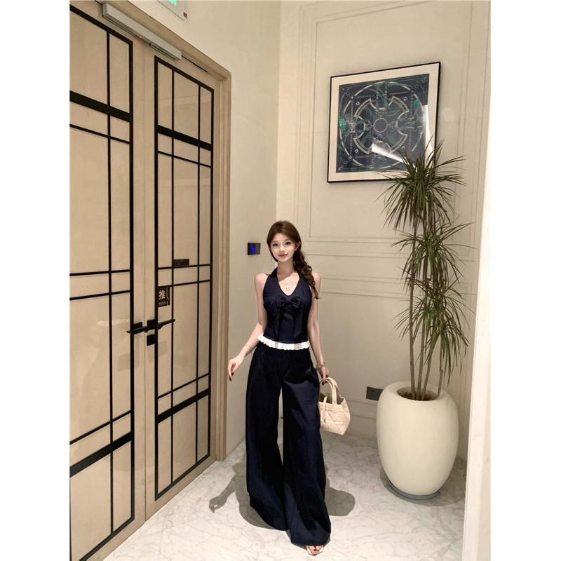 Set áo yếm tà bèo phối quần dài ống rộng Set đồ bộ nữ sang chảng mặc hè đi dạo đi chơi 170