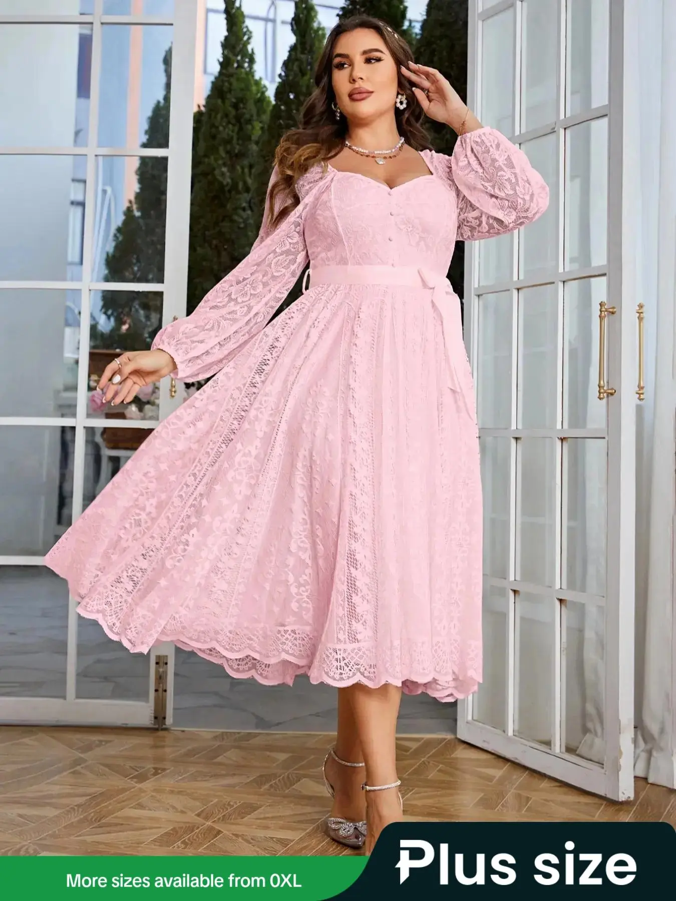 【Plus Size】 Bow Front Lace Dress, Elegant Sweetheart Neck Long Sleeve Dress for Party Holiday Wedding Guest, Women's Clothes for Spring & Fall