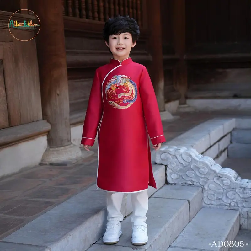 Áo dài bé trai ALBERKIDS Xanh Đỏ Thêu Phượng cho trẻ em 2,3,4,5,6,7,8,9,10,11,12 tuổi AD0805 1