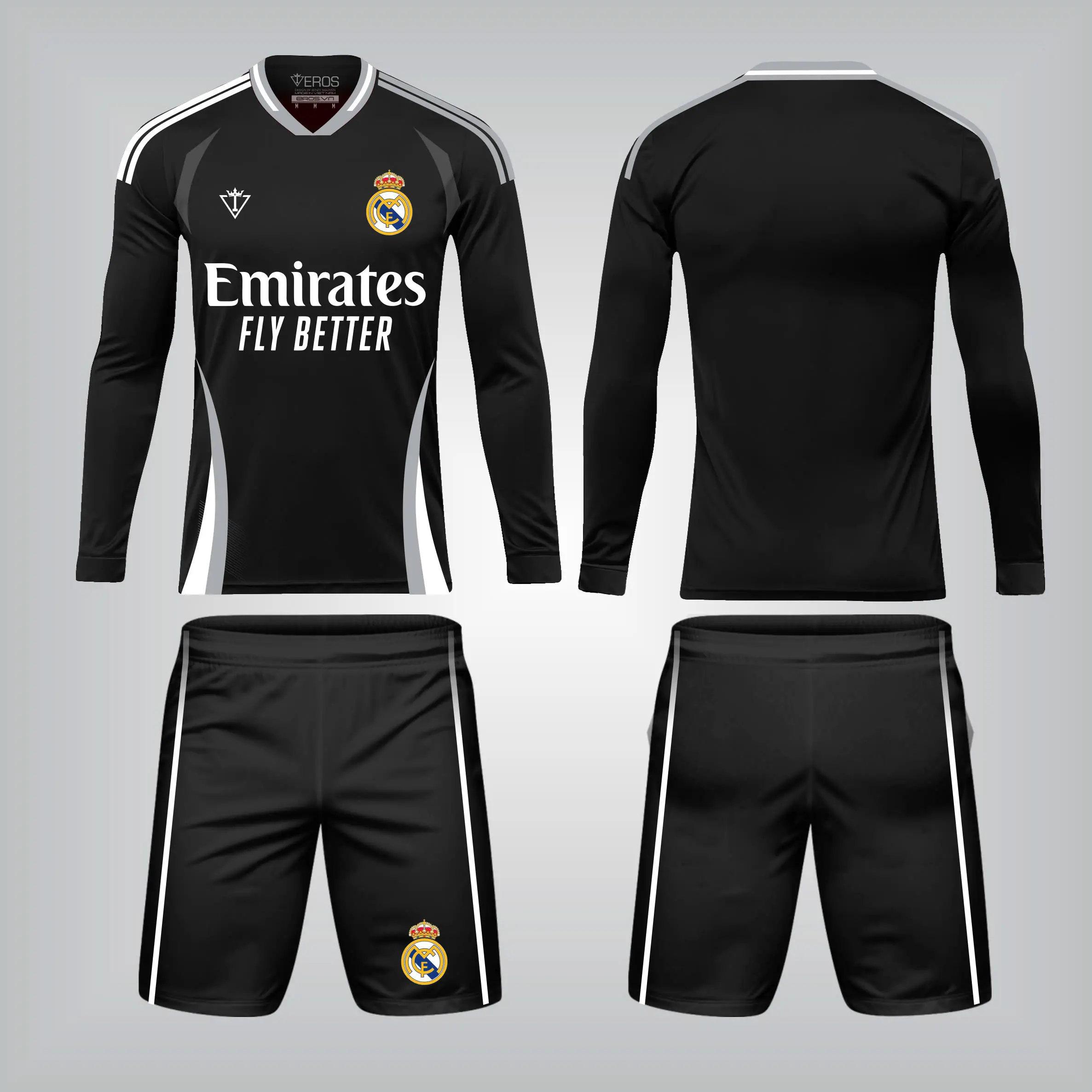 Quần áo bóng đá Tay Dài Real D5 Đen, vài thun lạnh, đồ thể thao Nam Top mẫu mới Eros Sport