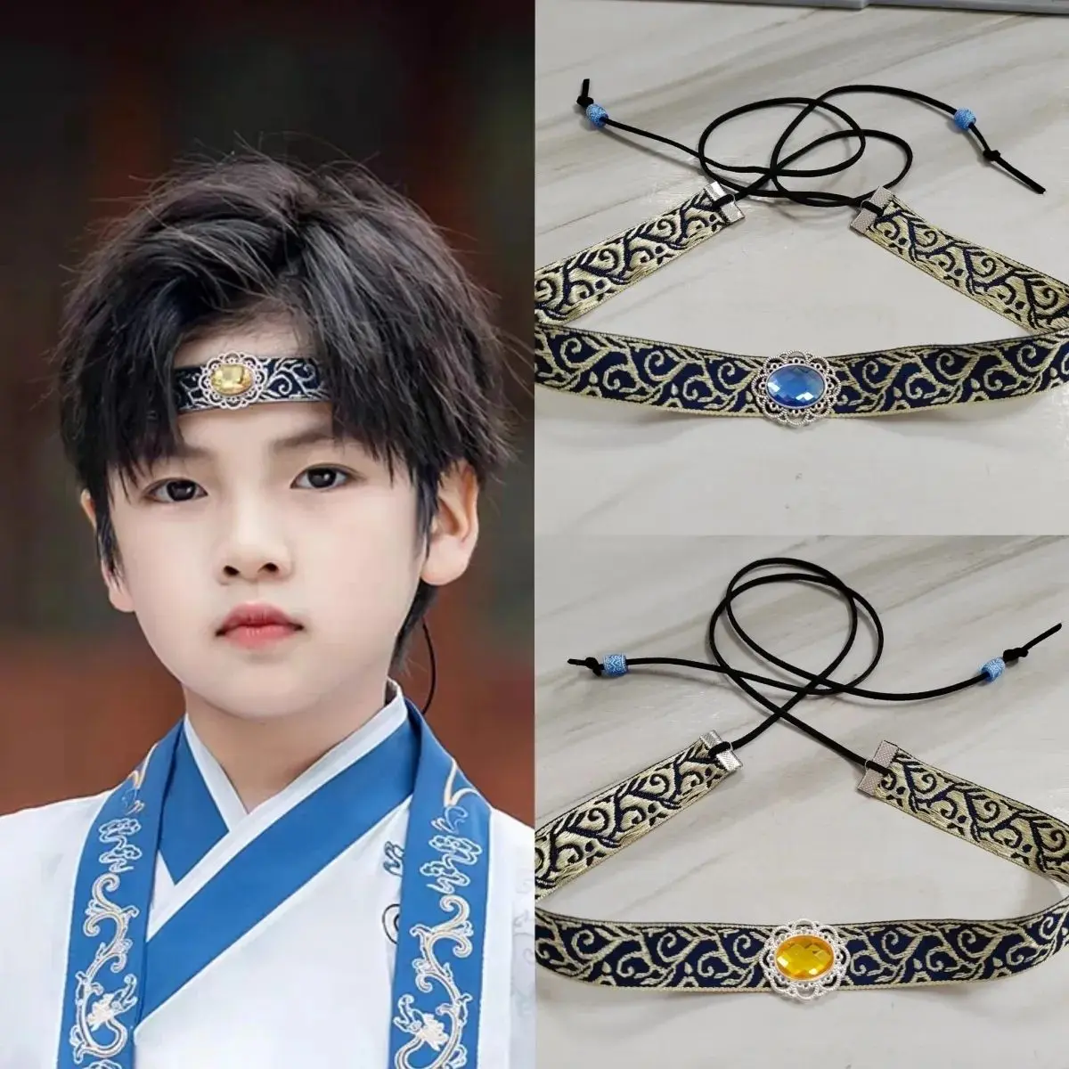 Ikat Kepala Ikat Rambut, untuk Kanak-kanak, Gaya Hanfu, Hiasan Kepala Kostum, Rekaan Kening, Sesuai untuk Lelaki, Warna Biru, Gaya Purba, Rekaan Purba
