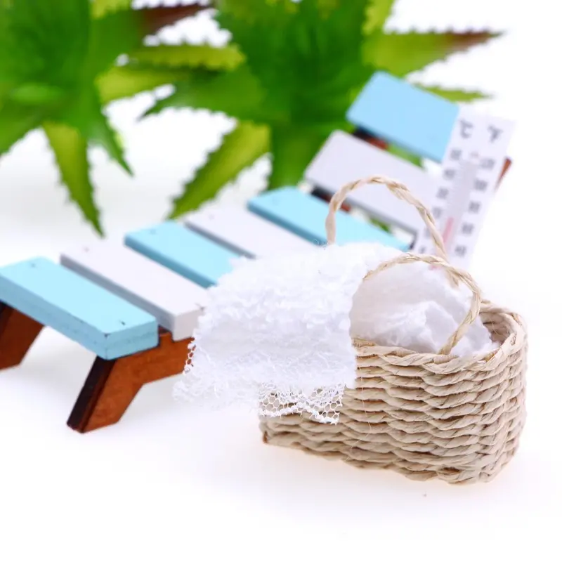 Mini Summer Beach Set, Wooden Beach Chair & Umbrella & Towel & Basket & Thermometer Model, Miniature Scene Shooting Props Model 2