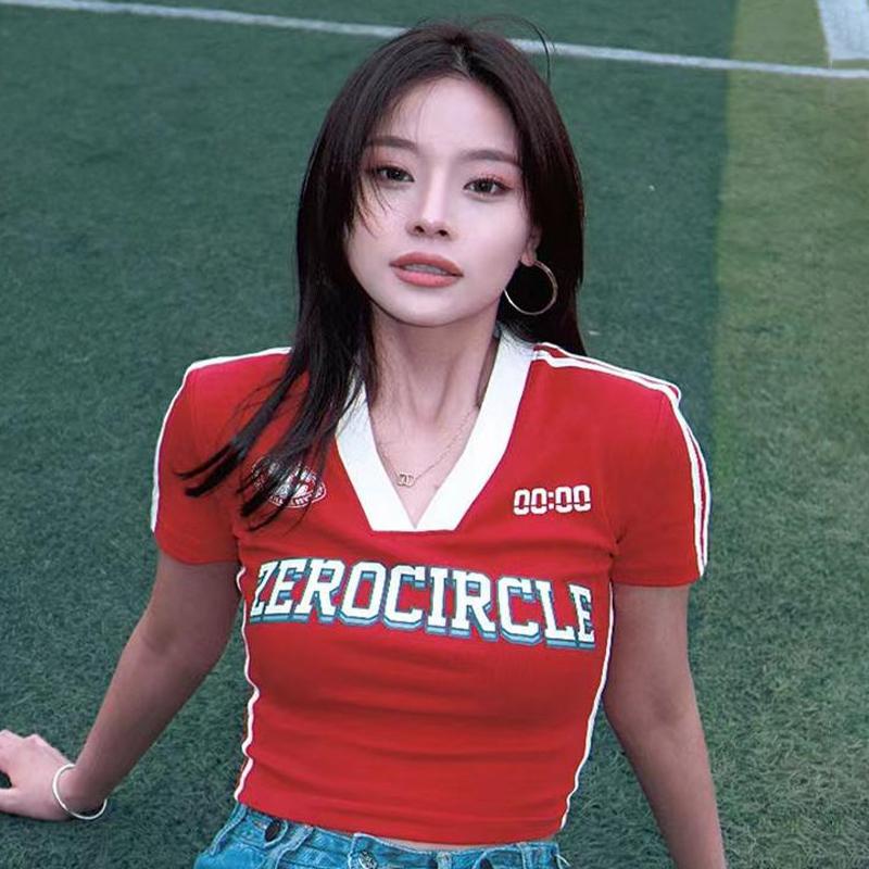 Product Introduction of American Retro Letter Print V-neck Short Sleeve T-shirt Women Y2K  Crop Top 23