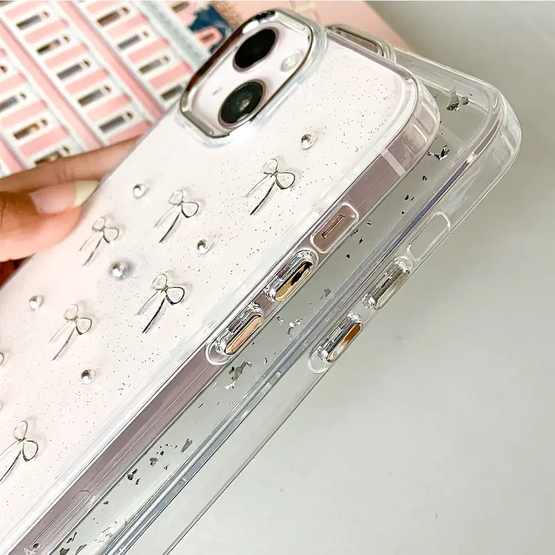 【SatSet.ind】LUX Plating Transparan Tekstur 3D Pita Ribbon Butterfly Compatible with iPh 11 Pro 12 ProMax 13 14 Plus 15 16 Casing Cover Elegan Mewah Glitter Metal Plating Clear Case back  cover 5