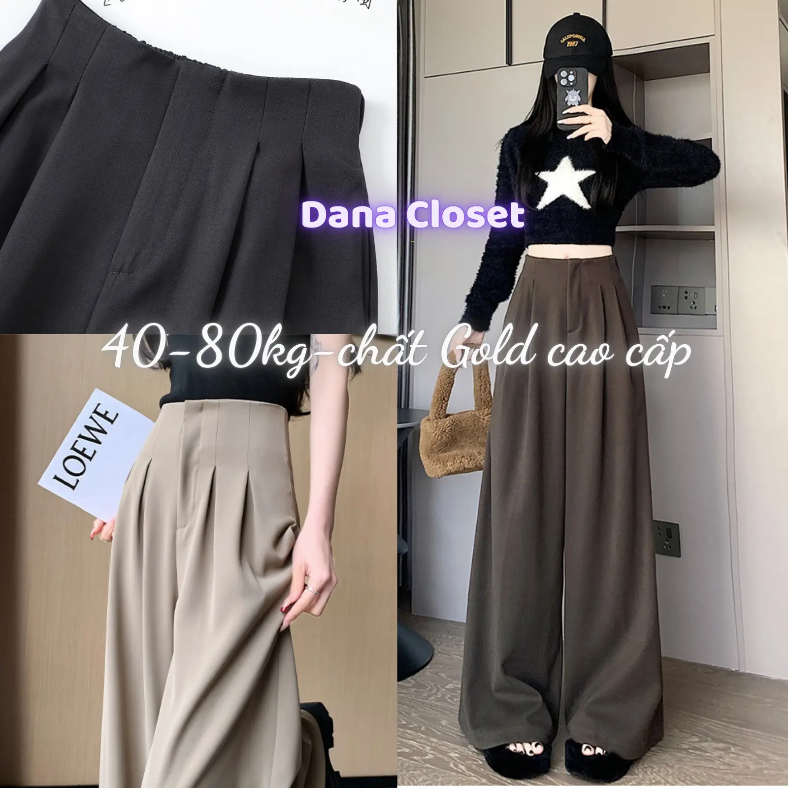 Quần ống suông rộng bigsize cạp liền chất gold nhật vải mịn rũ dáng dài 103cm. Nữ Women Pants