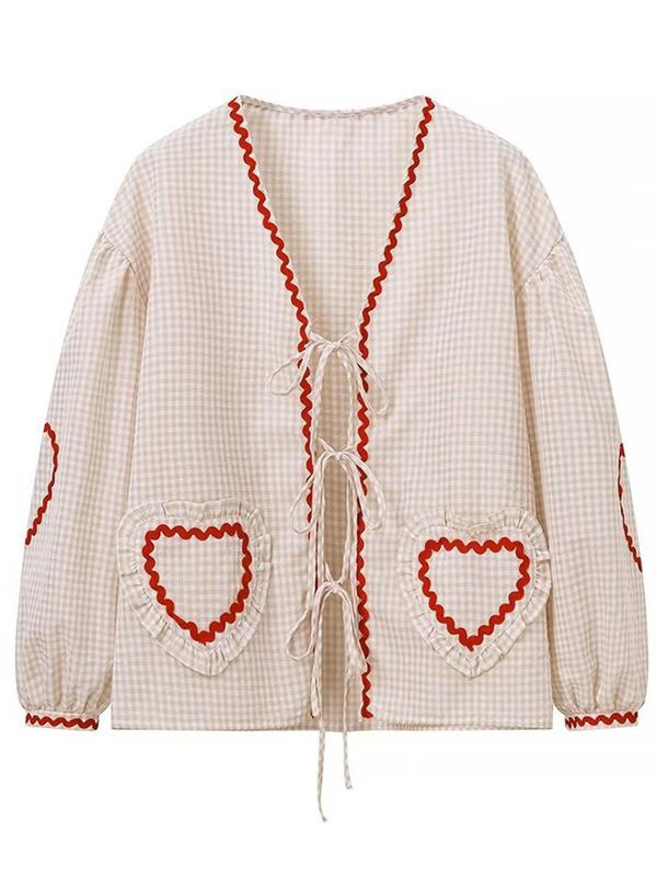 Women's Gingham Print Heart Patched Frill Trim Tie Front Blouse, Casual Checkered Print Drop Shoulder Long Sleeve V Neck Top for Fall & Winter, Women's Clothes for Daily Wear 2