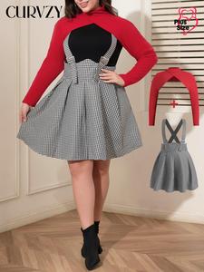 CURVZY Plus Size Two-piece Set Solid Color Overall Skirt & Crop Top, Casual Fashion Cozy Overall Skirt & Long Sleeve Top for Daily Outdoor Wear, Women's Clothing for Fall & Winter