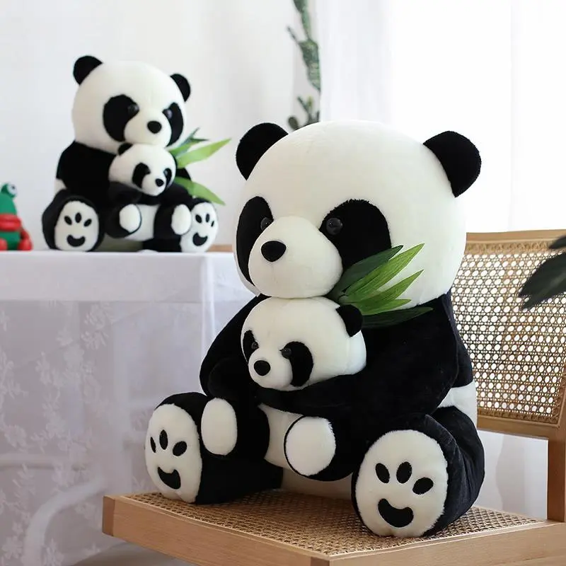Cute Mother and Child Panda Plush Toy Holding Bamboo Giant Panda Doll Pillow Children's Birthday Gift