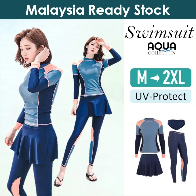 READY STOCK PENANG Women Girl Plain Swimsuit Diving Snorkeling Swimming UV Protect Beach Surf Baju Renang Muslim Baju Mandi Perempuan Wanita Lengan Panjang Seluar Panjang Skirt Swimwear