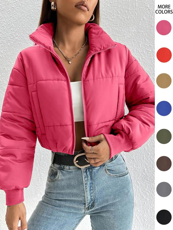 Women's Solid Zip Up Drop Shoulder Stand Collar Crop Puffer Jacket without Top, Coats for Women, Fashion Casual Mock Neck Zipper Short Coat, for Spring Fall Winter, Feminine Tops, Womens Tops 1