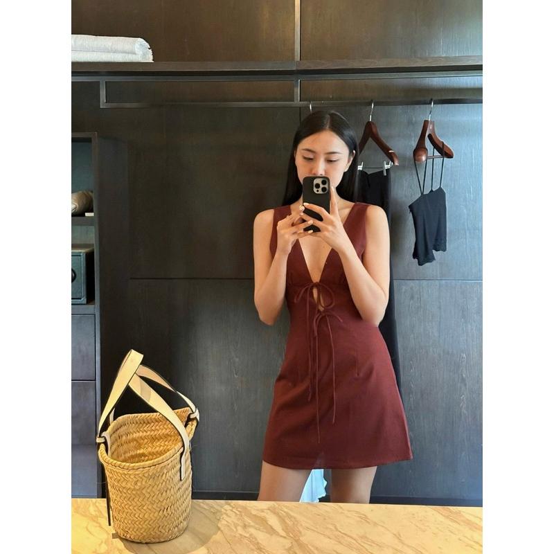  Đầm Linen Khoét Ngực Buộc Dây Nữ Tính Váy Khoét Ngực Basic Linen Siêu Hack Dáng Lynx SET14 