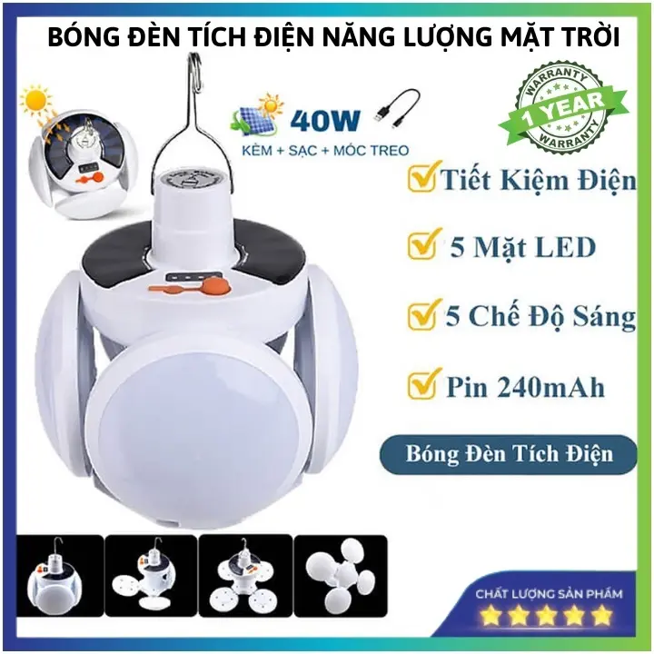 Bóng Đèn Tích Điện 40W , Năng Lượng Mặt Trời 4 Cánh ,Đèn Led Siêu Sáng ,Tiết Kiệm Điện Năng , Chống Nước,Cổng Sạc USB. Pin Pin