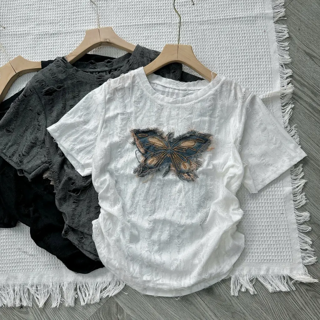 Áo thun nữ bigsize tay ngắn cổ tròn tà bầu nhún nhẹ thêu họa tiết xinh xắn cho nữ chubby - A249
