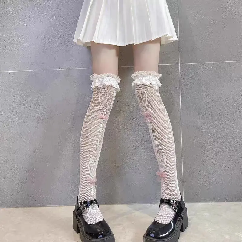 Vớ Bắp Chân, Phong Cách Nhật Bản, Trang Trí Ren, Vớ Lolita, Dành Cho Nữ, Giữa Bắp Chân, Thiết Kế Nơ Can Đeo Kẹo JK, Vớ Lưới Women Trắng 3