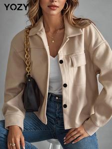 YOZY Women's Solid Button Front Drop Shoulder Jacket, Casual Long Sleeve Collared Pocket Outerwear for Fall & Winter, Women's Clothing for Daily Wear