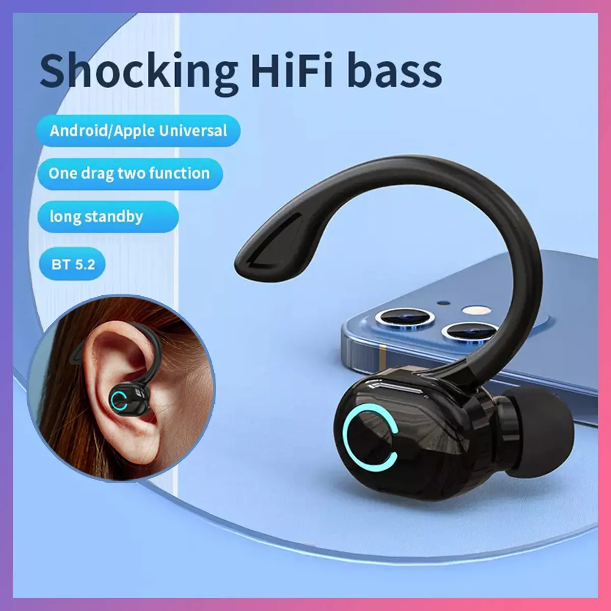 Earphone Bluetooth Nirkabel Dengan MIK Ear-Hook Handsfree Dalam Telinga Earphone Portabel Stereo Mini Nirkabel Musik Bass Berat Olahraga Suara 【Headset Tunggal】