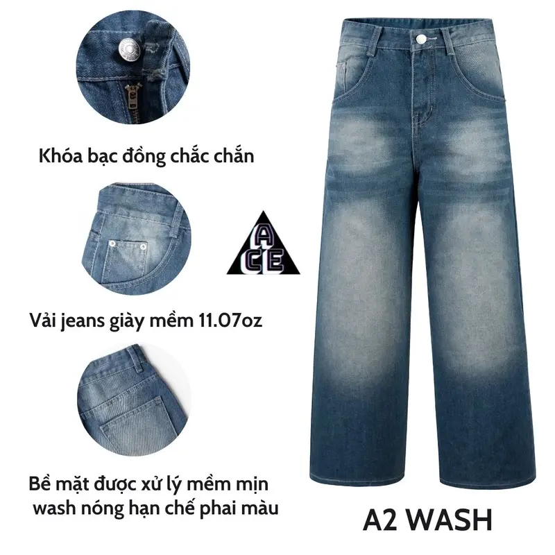Quần Jeans Wash Cạp Cao Ống Rộng Unisex - Đẹp Tôn Dáng, 4 Màu Cho Nam Nữ Menswear Ong 0