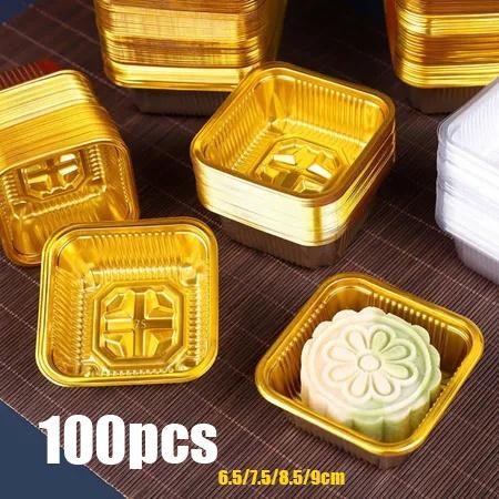 [GROSIR 100pcs] TRAY PUDING MINI GOLD / Tray Mooncake Gold Segi 4 / Kemasan Pia Mooncake Nastar / Mika Puding Tebal / Mika Gold segi 4