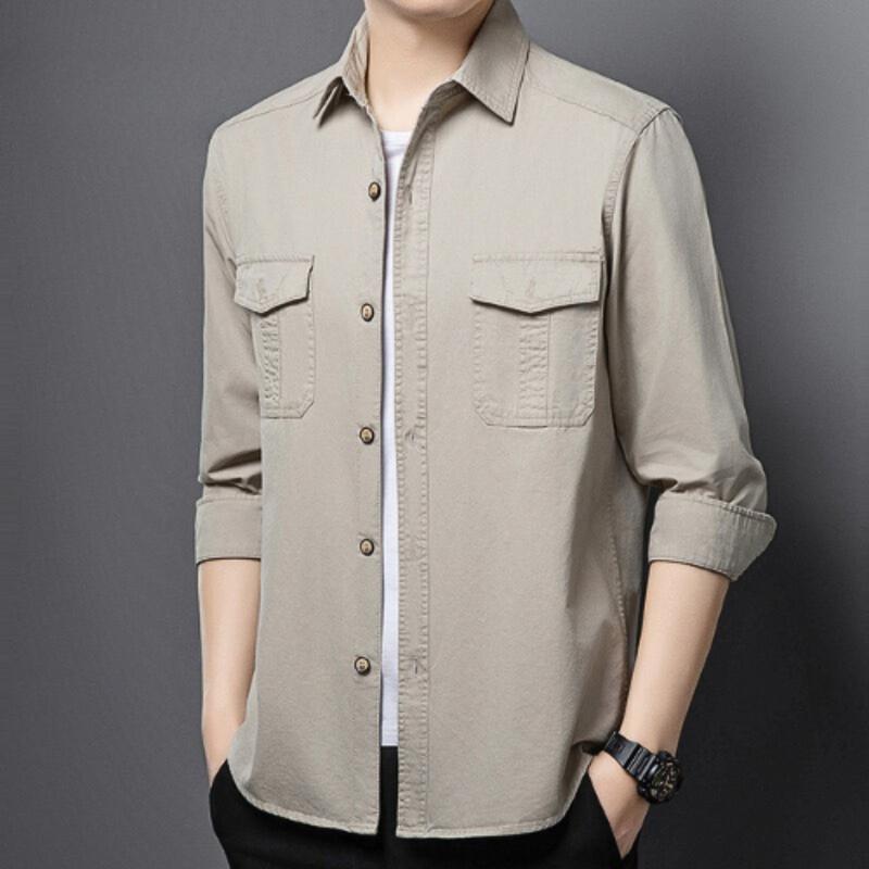 Sơ mi nam kaki 2 túi, chất vải kaki dày dặn, thoáng mát Menswear Áo Shirt Có Túi somidep Có Cổ Có Cổ sơ  mi  kaki