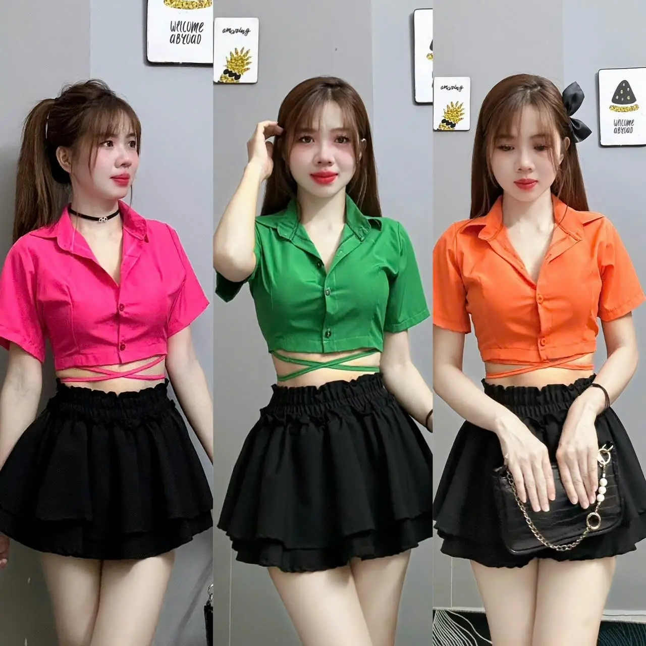 Áo somi crtop voan lụa chéo dây tay ngắn