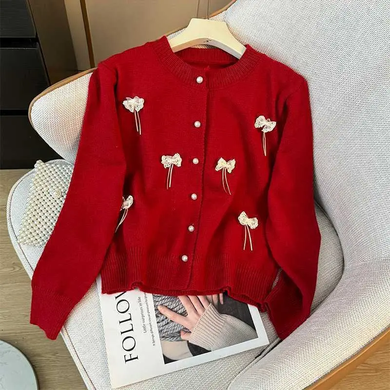 2024 Three-Dimensional Bow round Neck Single-Breasted Sweater Coat Women's Autumn Gentle Soft All-Match Long Sleeve Sweater Knitwear Womenswear