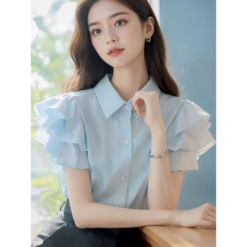 (in Stock) European Goods Beautiful Fashion Casual Temperament High-Grade Super Nice Top Blue Ruffled Short Sleeves Women's Shirt Women's Summer Blouse Lingerie 2