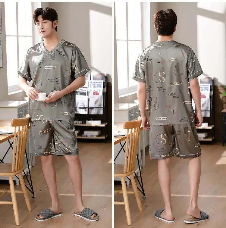 Product Introduction of Men's Pajamas Summer Fashion V-Neck Thin Ice Silk Short-Sleeved Shorts Nightie Two Piece 2024 New Boys Casual Sleepwear Nightie 17