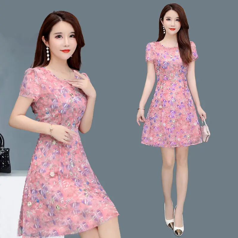 Váy Quần Áo Nữ, Ngoại Cỡ, Trang Phục Mùa Hè, ngắn Tay, Cổ Tròn, Váy Hoa, Ôm Sát Eo, Váy Trông Trẻ Trung, Váy Cho Mẹ 3