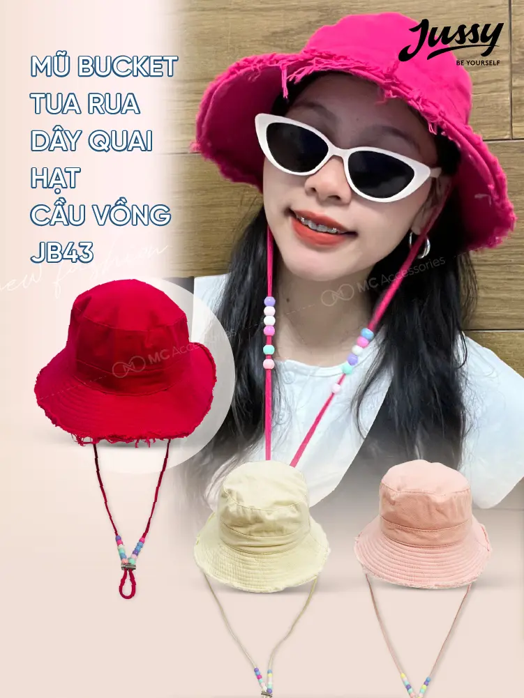 Mũ Bucket Vành Tua Rua Dây Quai Đính Hạt 7 Màu Xinh XắN Jussy Official Nón Nữ Tai Bèo Thời Trang Unisex Chất Vải Kaki Nhiều Màu Có Dây Rút Thu To Nhỏ Hat Nữ Cap Cotton Voi