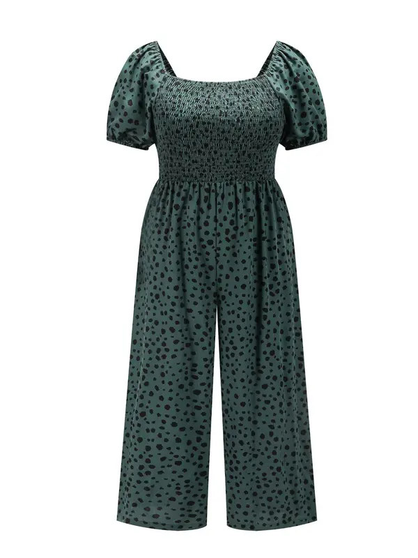 [Plus Size] Ditsy Floral Print Shirred Jumpsuit, Jumpsuits for Women, Boho Fashion Puff Sleeve Square Neck Jumpsuit for Daily Vacation Wear, Women Plus Clothing Overalls for Summer 4