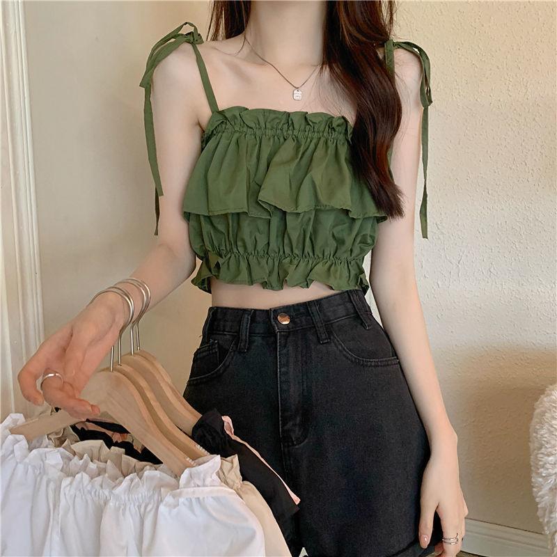 Product Introduction of Women's 2023 New Summer Tank Top with Ruffle Edge Strap Top High Waist Sleeveless Bra and Open Umbilical Top Womenswear Tube Lingerie Comfort Basic Minimalist Spaghetti Strap 0