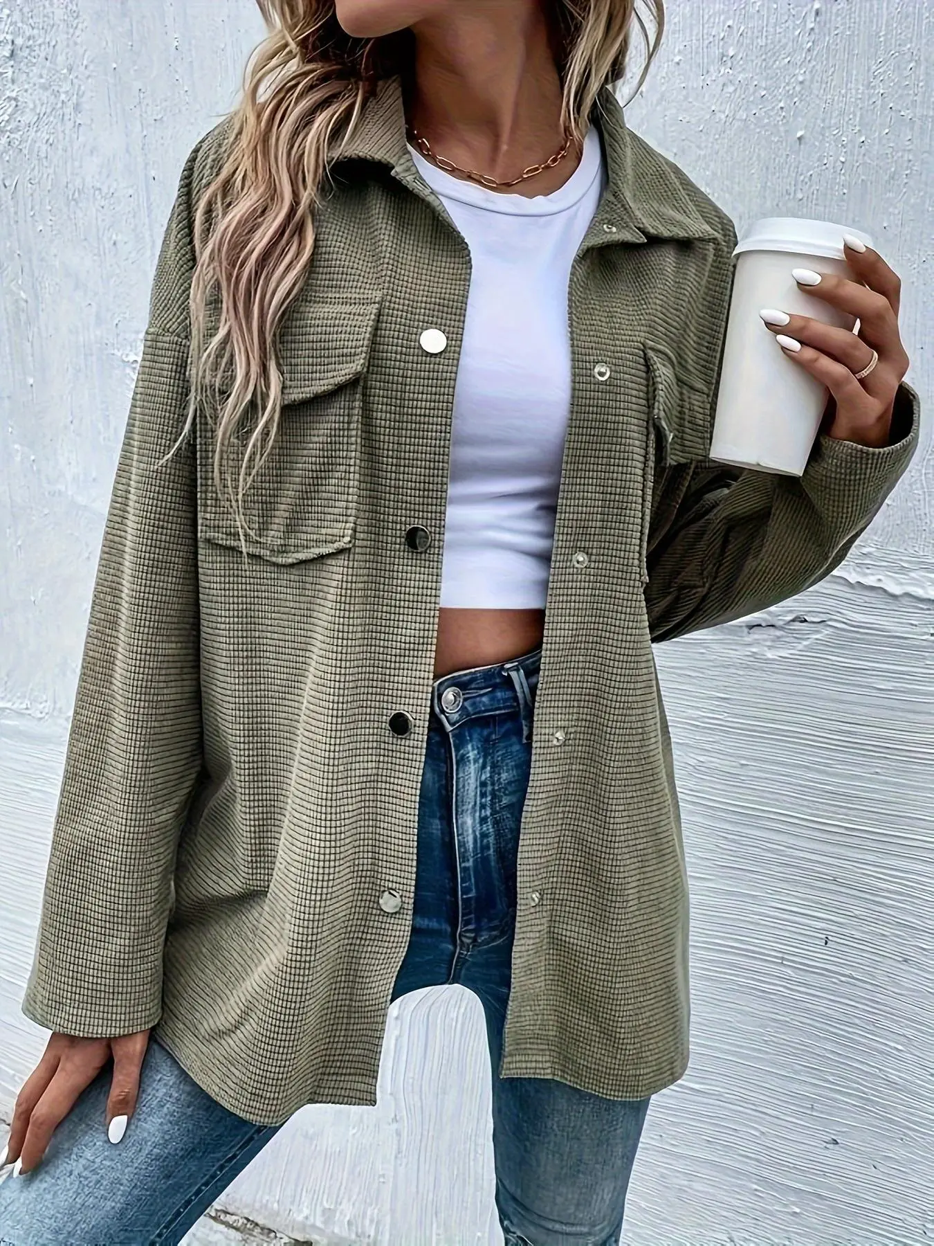 【Plus Size】 Solid Button Front Pocket Drop Shoulder Coat, Casual Long Sleeve Collared Outerwear As Halloween Gift for Fall & Winter, Women's Clothes for Daily Wear