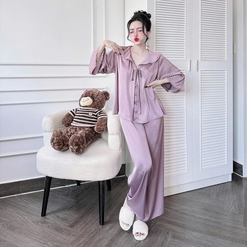 Bộ Mặc Nhà Tiểu Thư Mặc Nhà Áo Cột Nơ Nút Bọc Tay Loe Quần DÀI Có Túi Chất Lụa Latin (Free Size 50-70kg) Women Nữ