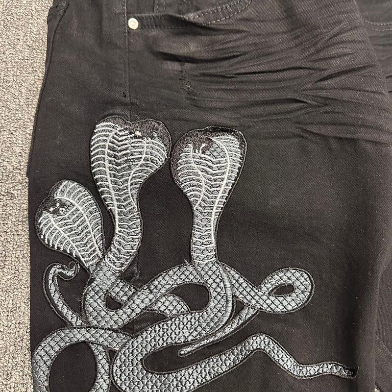 Quần jean rách thêu rắn đen nam phom aimi bó sát co dãn Menswear Pants Menswear vladak vá