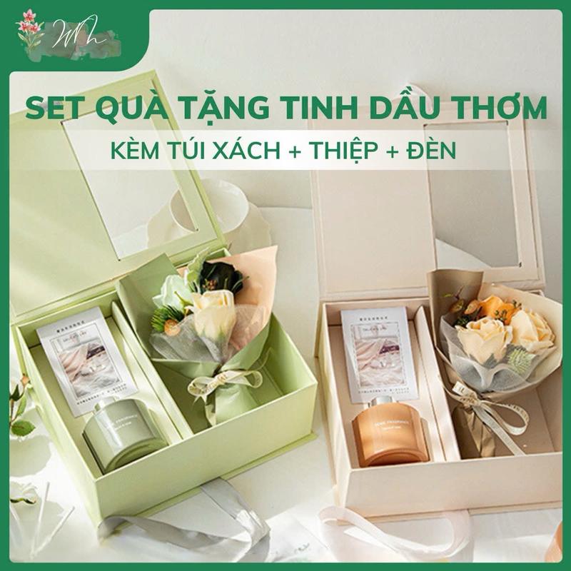 Tặng Thiệp+Đèn Set hộp quà tặng tinh dầu nước hoa khuếch tán kèm bó hoa sang trọng trang nhã Quà tặng Đồ trang trí Dầu Thơm Phòng Dầu Thơm Decor sap thomkhumui