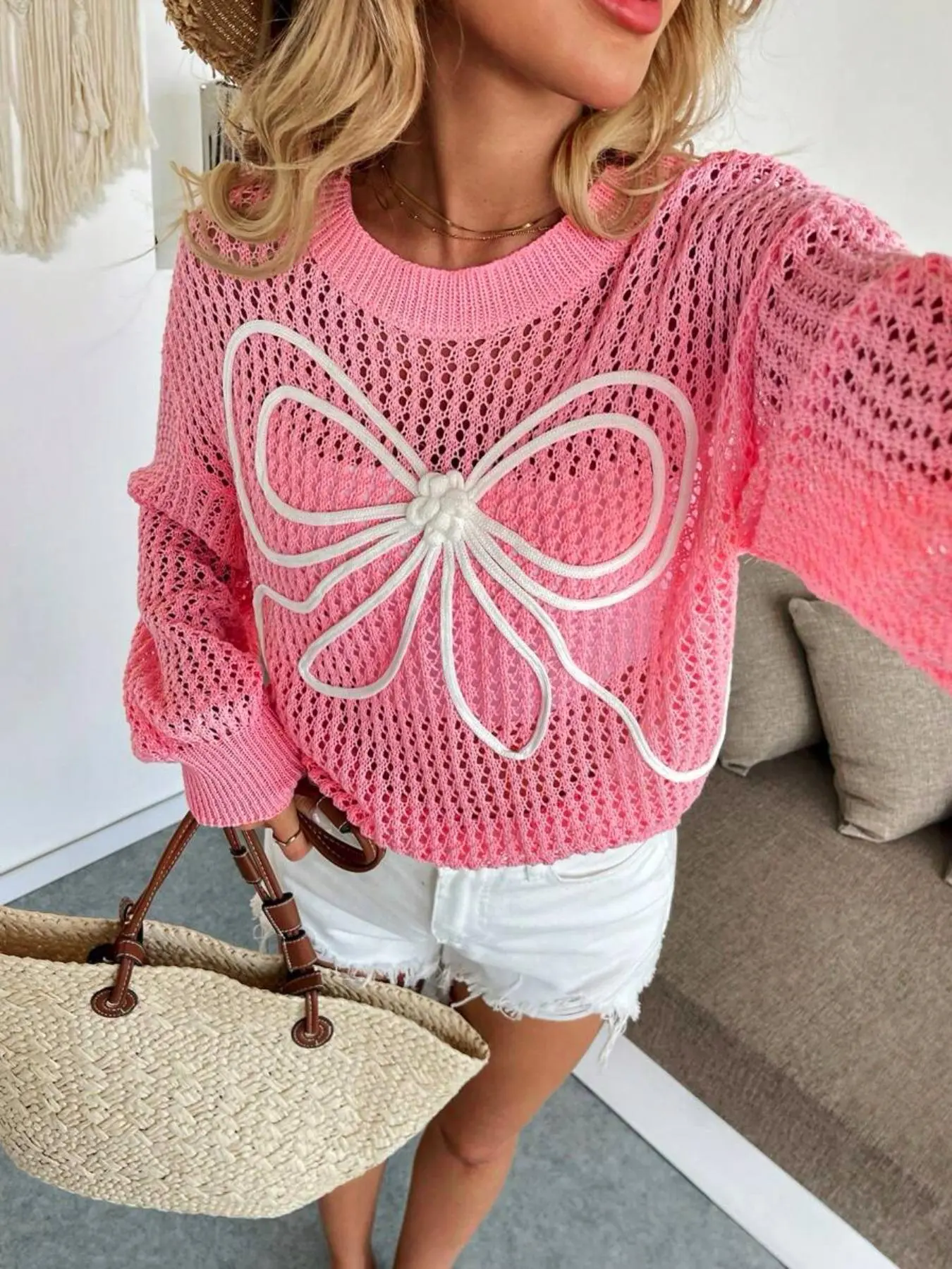 Women's Bow Embroidery Sweater, Casual Long Sleeve Crew Neck Jumper for Spring, Fashion Women's Knitwear for Daily Wear